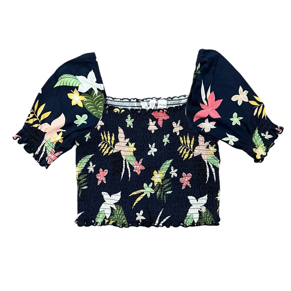 Roxy Navy Floral Smocked Puff Sleeve Crop Top